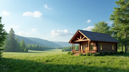Fototapeta premium Cozy Wooden Cabin in a Lush Green Meadow Under a Clear Blue Sky 