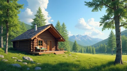 Cozy Wooden Cabin in a Lush Green Meadow Under a Clear Blue Sky 
