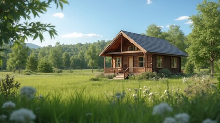 Cozy Wooden Cabin in a Lush Green Meadow Under a Clear Blue Sky 
