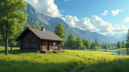 Cozy Wooden Cabin in a Lush Green Meadow Under a Clear Blue Sky 