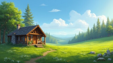 Cozy Wooden Cabin in a Lush Green Meadow Under a Clear Blue Sky 