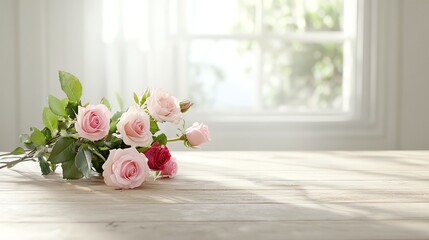 Elegant bouquet of pink and red roses on a sunlit wooden table, bringing nature's beauty indoors.