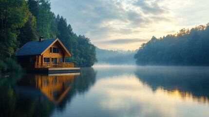 Fototapeta premium Sunrise cabin lake reflection forest serenity escape