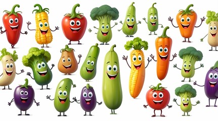 Obraz premium A row of cartoon vegetables with smiling faces
