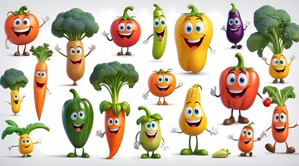 A collection of cartoon vegetables with smiling faces