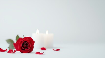 Fototapeta premium Elegant red rose with petals and soft candlelight on a white background, creating a romantic and serene atmosphere.