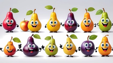 A group of cartoon fruits with smiling faces