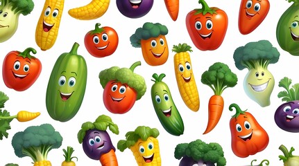 Fototapeta premium A cartoon of a smiling carrot is surrounded by other smiling vegetables