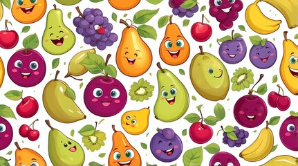 Fototapeta premium A cartoon fruit pattern with smiling faces
