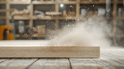 Saw blade in motion cutting through wood, generating sawdust in a workshop setting.