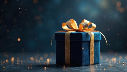 Luxurious blue gift box with golden ribbon on dark background. Sparkles, bokeh lights. Concept for surprise, anniversary, festive event, birthday. Elegant celebration present, bonus, loyalty reward.