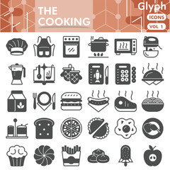 The cooking symbols collection or sketches. Cooking and bakery bar theme icons in glyph style signs for web and app. Vector graphics isolated on white background.