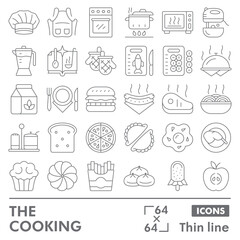 The cooking symbols collection or sketches. Cooking and bakery theme icons in thin line style signs for web and app. Vector graphics isolated on white background.