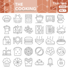 The cooking symbols collection or sketches. Cooking and bakery bar theme icons in thin line style signs for web and app. Vector graphics isolated on white background.