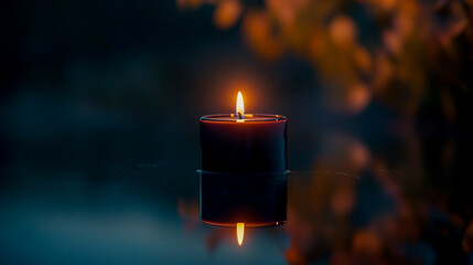 An elegant candle glowing softly in the dark, casting a warm, serene light across the surroundings