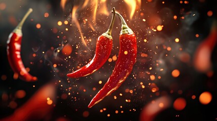 Spicy red chili peppers in motion with floating fire embers, steamy effect, and dark background