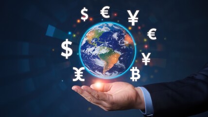 Global Finance: Hand Holding Earth with Currency Symbols