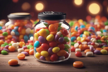 A Glass Jar Filled with Colorful Chocolate Candies. Generative AI