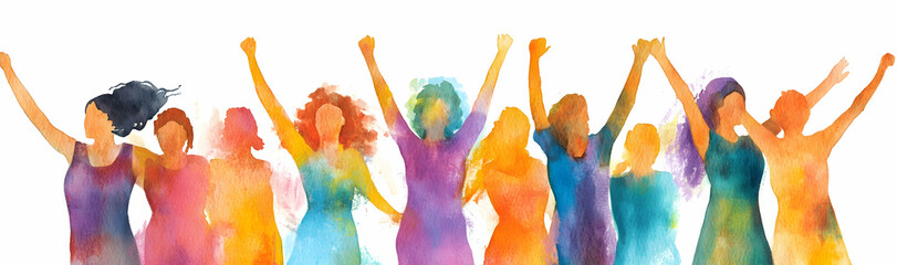 Joyful group of women illustrated in a vibrant watercolor style for International Women's Day AI Generated