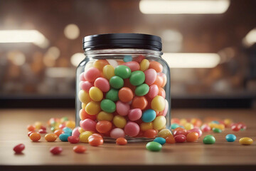 A Glass Jar Filled with Colorful Chocolate Candies. Generative AI