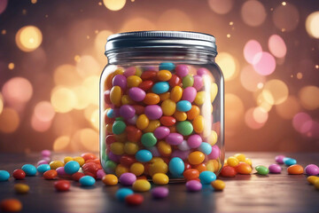 A Glass Jar Filled with Colorful Chocolate Candies. Generative AI
