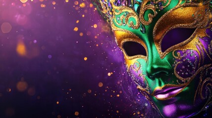 Carnaval mask in purple green and golden colours for Mardi Gras holiday, on purple with bokeh lights background, space for text