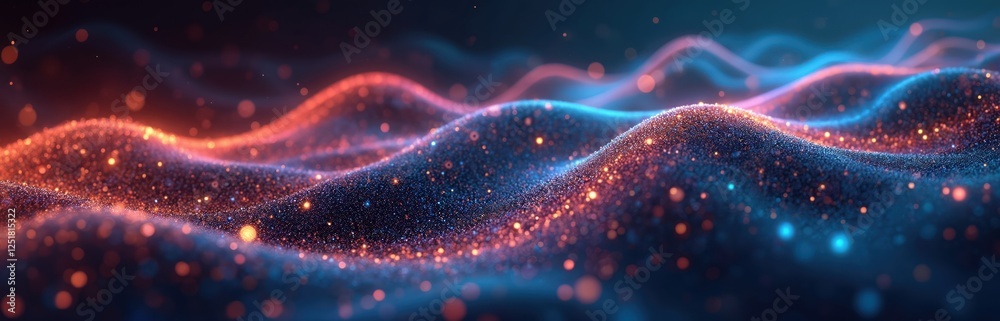 Poster Abstract big data background with glowing wavy lines, colorful streams. Visualizing dynamic interplay information against shadowy backdrop. Futuristic tech concept for innovation, ai neural networks.