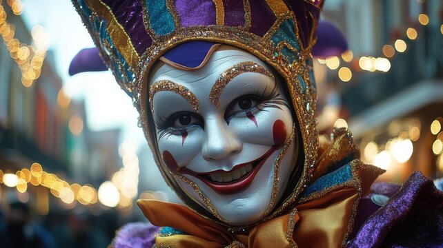 Portrait oof person wearing carnival costume with mask for Mardi Gras holiday celebration