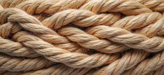 Close-up displays braided rope texture. It shows twisted strands in beige. Woven design can be used for nautical themes or natural fibre backgrounds. Rustic surface and simple decor.