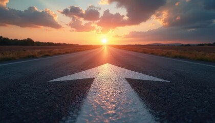 Road stretches into distance with arrow pointing forward, at sunrise. Progress, future possibilities. Journey, travel, adventure. Direction path to horizon. Drive explore destination highway route