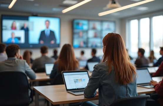 Students attend online lecture in modern classroom. Teacher on screen, distance learning. Connection, communication, collaboration via internet, laptop. Virtual education, hybrid academic seminar,