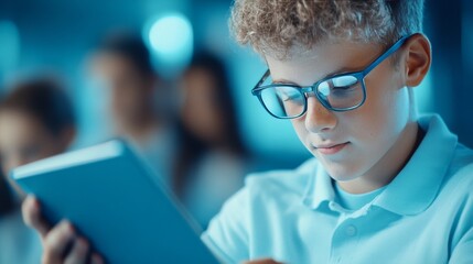 Engaged student using tablet in classroom, focused on learning