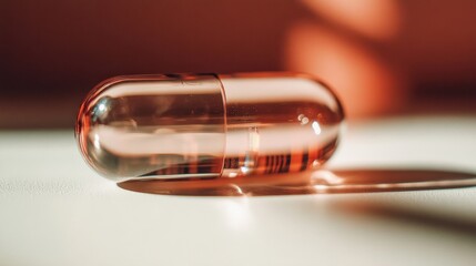 A close-up shot of a translucent capsule positioned to reflect warm golden light, symbolizing purity and health in a simple yet powerful visual representation.