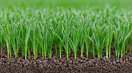 Obraz premium Lush green grass sprouts emerge from dark soil, background blurred; nature, growth, spring