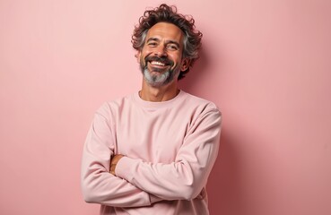 Obraz premium Cheerful mid-aged man smiles with arms crossed on pink backdrop. Positive male in casual pink sweater looks at camera. Happy successful entrepreneur posing isolated alone concept portrait.