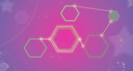Futuristic technology background with interconnected glowing hexagons, neon outlines, and a vibrant pink-to-purple gradient. Light flares and sparkles create a sense of innovation, speed, and digital 