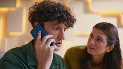 Office workers worried call working together on modern workplace closeup. 
