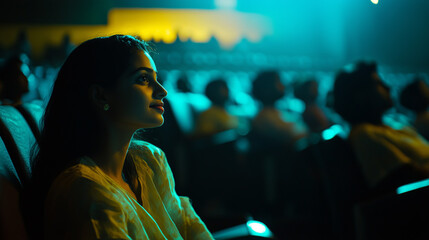 A woman watching a movie in a cinema theatre (movie hall) with others