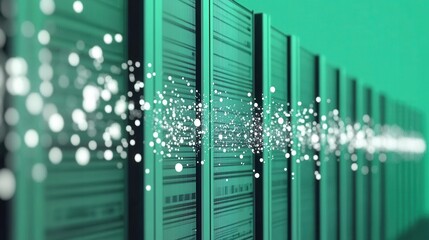 This image showcases a visually stunning view of a data center, featuring glowing elements that imply data flow and advanced technology in a vibrant setting.