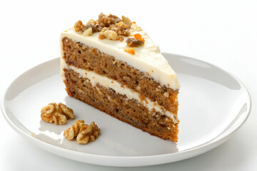 Close Up Of Carrot Cake Slice With Creamy Frosting And WalnutsOn A Plate.A