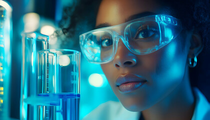 Laboratory researcher analyzing a vibrant blue liquid in a beaker, advancing medical and biotechnological innovation AI Generated