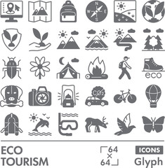 Eco tourism symbols collection or sketches. Traveling theme icons in glyph style signs for web and app. Vector graphics isolated on white background.