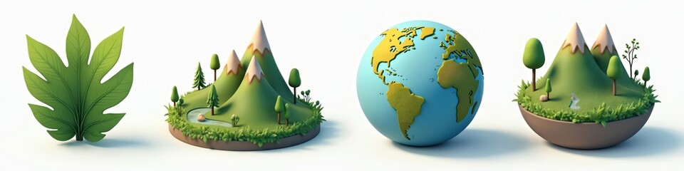 Collection of sustainability icons isolated. Eco friendly environment green conservation renewable clip art. Symbols include leaf, earth, globe, nature, mountain, trees, ecology, responsible, clean
