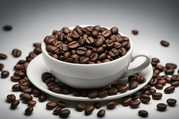 A professional photograph featuring premium coffee beans and a coffee cup, elegantly presented on a white background. Generative AI.