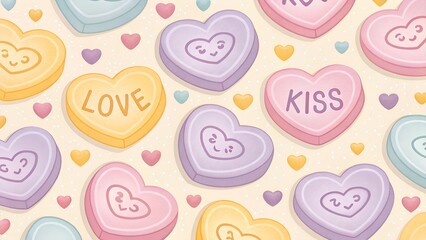 Fototapeta premium Colorful candy hearts with playful messages on a cheerful background