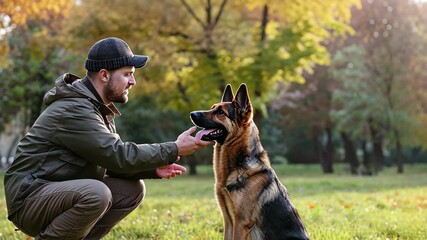 Training a German Shepherd in a serene park setting during golden hour showcasing bond between trainer and dog