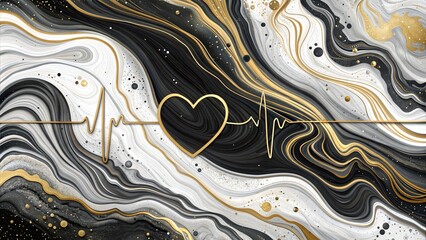 Gold and Black Abstract Heart with ECG Line and Fluid Patterns