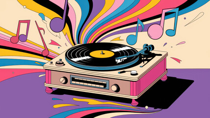 Colorful vinyl record player with vibrant musical notes and swirls
