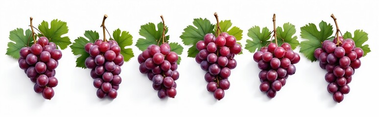 Fototapeta premium Illustration of red grape bunches with green leaves on transparent background. PNG render of grapes row for packaging design, wine label or healthy eating banner, fruit market promo.