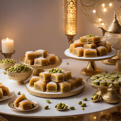 A Ramadan dessert table sweets baklava, kunafa, maamoul, soft lighting decorative crescent moon motifs.